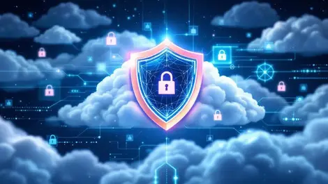 Realistic digital shield cloud network connections locks cybersecurity