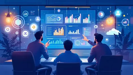 Startup founders analyzing data visualizations charts ai modern office