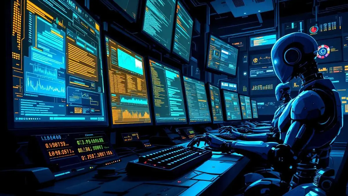Dark control room robotic arms typing on keyboards automated cyber attacks
