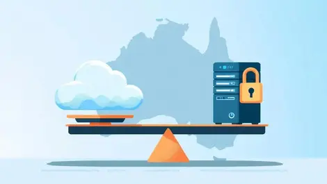Balance scale cloud vs secure data server with australia outline