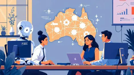 Australian professionals collaborating with robots modern office illustration