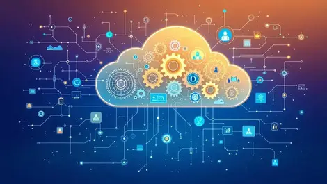 Business professionals collaborating digital cloud gears neural networks ai cloud technology transformation