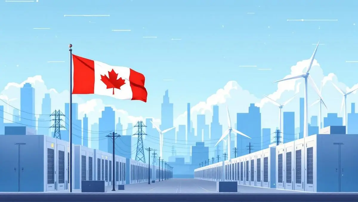 Canadian data center campus flag wind turbines ai sky illustration