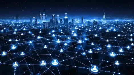 European night skyline ai network cyber traffic attacks defense cloud