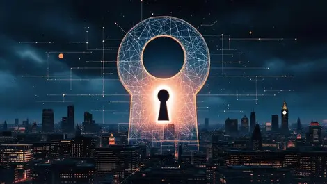 London stormy skyline giant keyhole broken encryption quantum ai