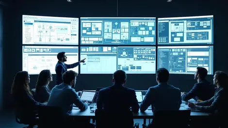Modern it war room team reviewing software architecture displays