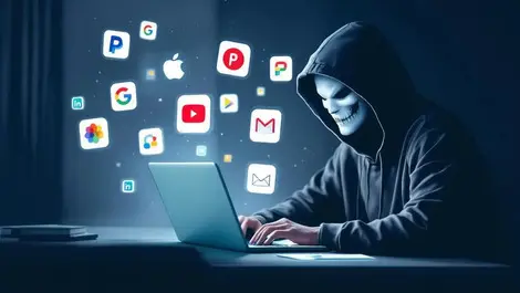 Hooded hacker laptop phishing icons morphing into sinister masks