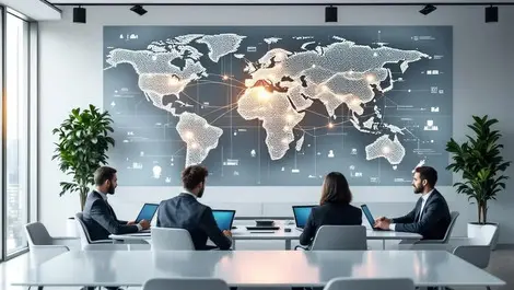 Modern boardroom global network ai automation digital world map