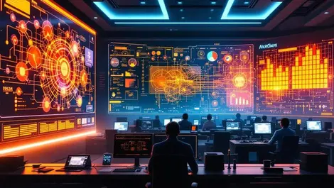 Cinematic ai control room neural monitoring warning screens