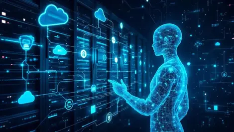 Cinematic cloud datacenter ai silhouette protecting data streams