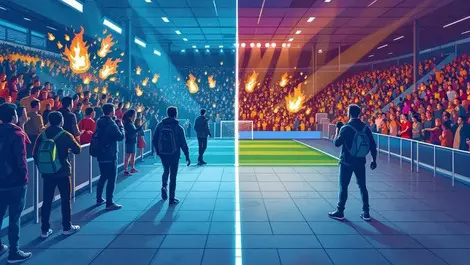 Uk stadium concourse men contrast rowdy beer vs mindful wellbeing