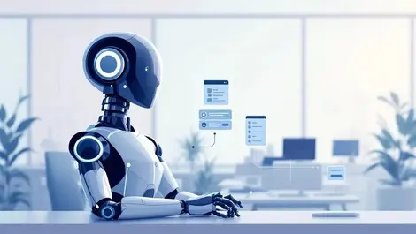 Sleek robotic assistant connecting floating app windows ai workflows