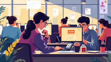 Malaysian students analyzing scam messages in campus lab safe online