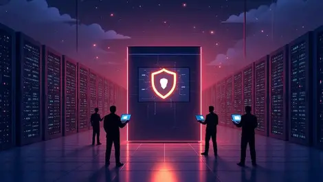 Moody datacenter night glowing shield cyber espionage ai theft