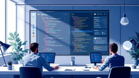 Modern software team workspace pull request review azure theme