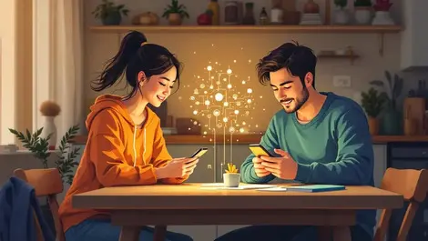 Warm couple sharing table with phones and subtle abstract ai forms