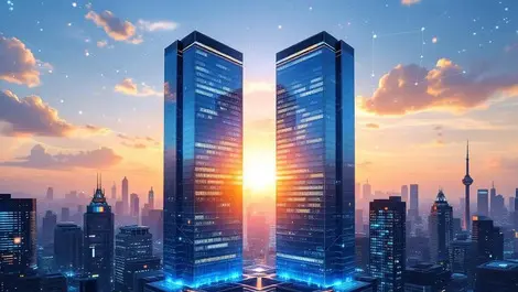 Two modern office towers merge puzzle ai network cityscape