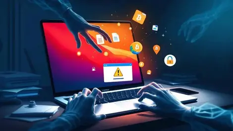 Mac laptop fake installer shadowy hands data theft crypto malware