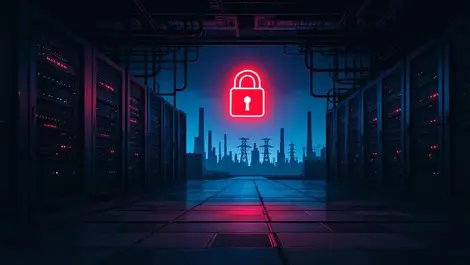 Ransomware threat dark server room to critical infrastructure art