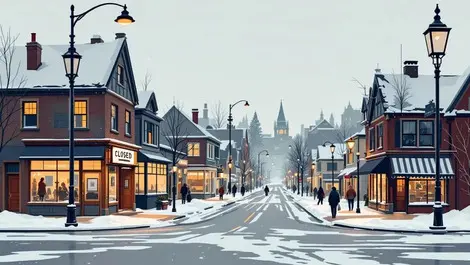 Winter canadian main street quaint closed shops snowy sidewalks cold