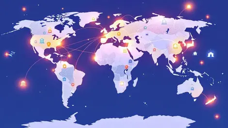 Global fast payment routes world map financial centers flat design
