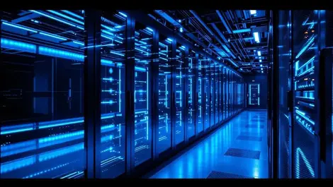 Modern enterprise datacenter flash storage gpu racks blue light